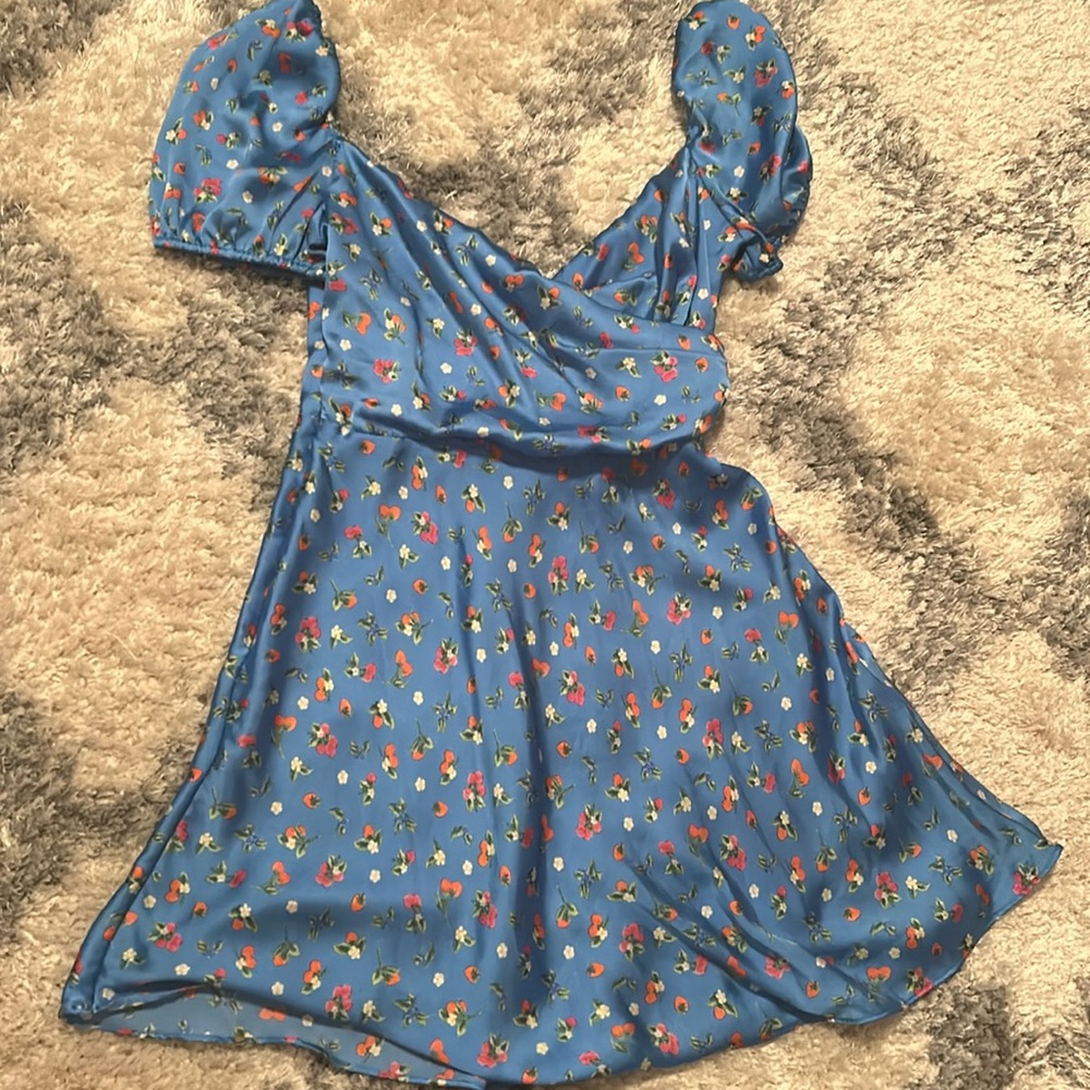 Zara Blue Fruit Patterned Puff Sleeve Mini Dress